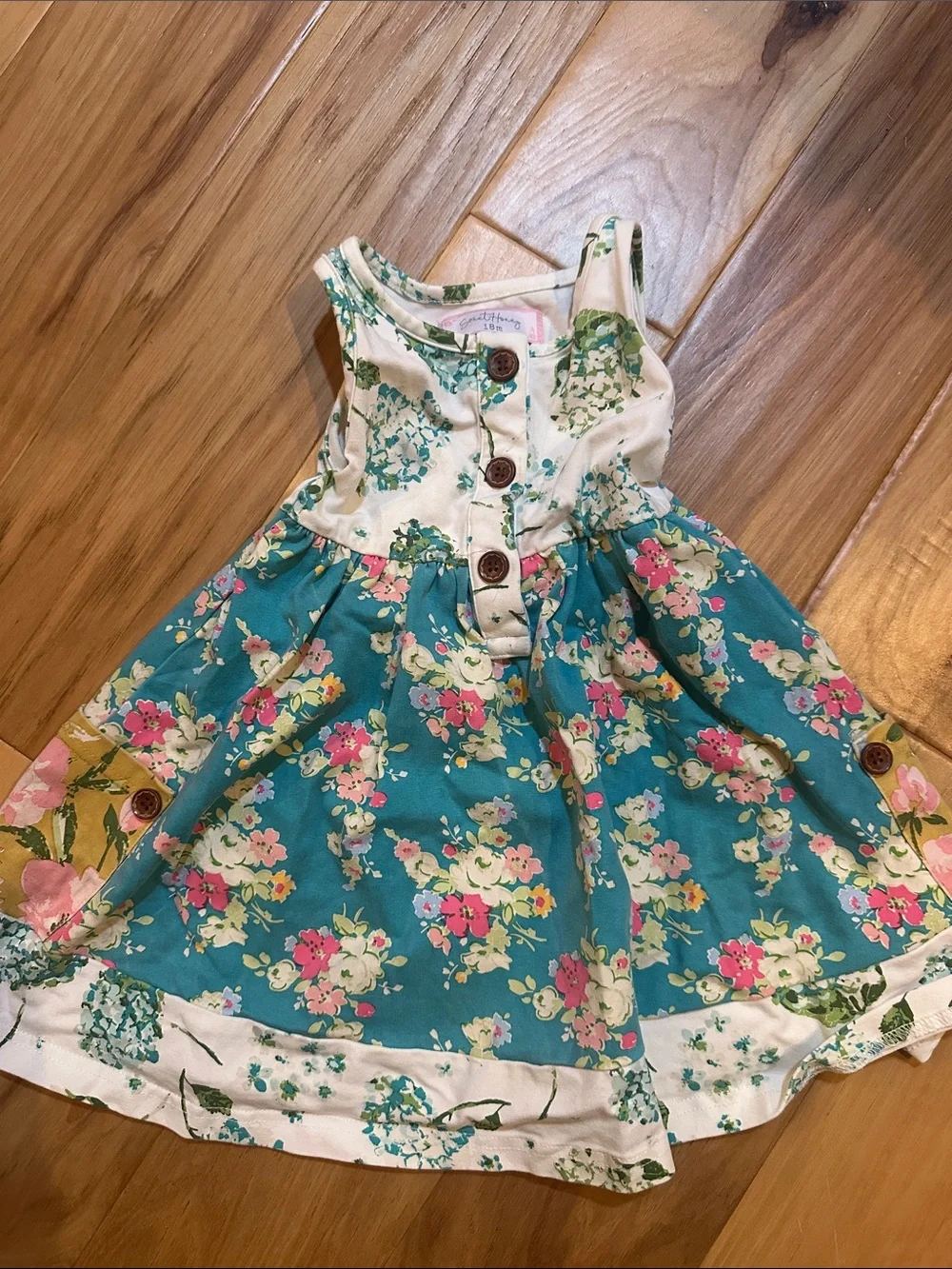 SweetHoney Teal, Cream, Pink Floral Button-Front Girls' Dress